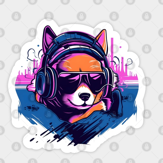 Shiba Inu wears headphones - synth wave style Sticker by ro83land